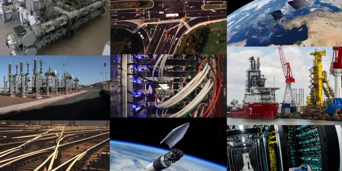 Collage showing pictures of various sectors of critical infrastructure and critical entities, from energy and transport to space.