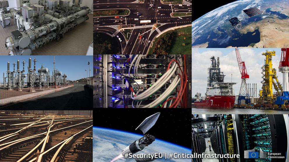 Collage showing pictures of various sectors of critical infrastructure and critical entities, from energy and transport to space.