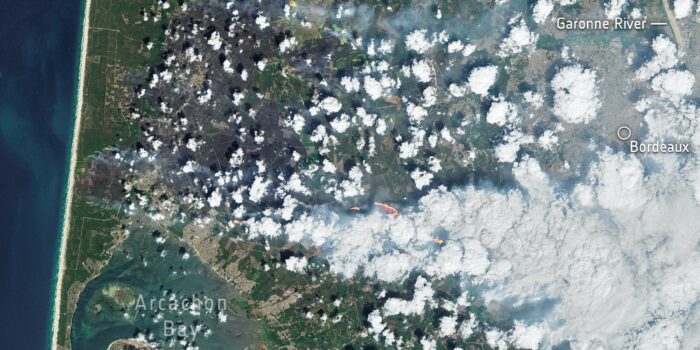 Satellitbild över skogsbränderna väster om Bordeaux