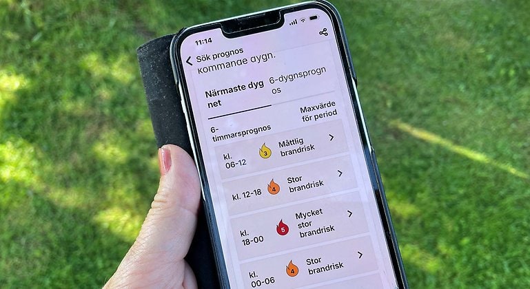 Brandriskinformation i en mobiltelefon. Fotograf saknas.