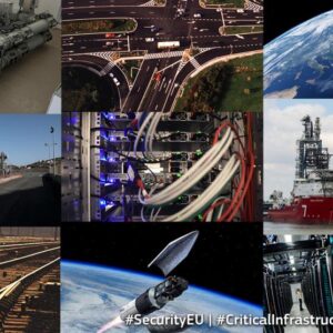 Collage showing pictures of various sectors of critical infrastructure and critical entities, from energy and transport to space.